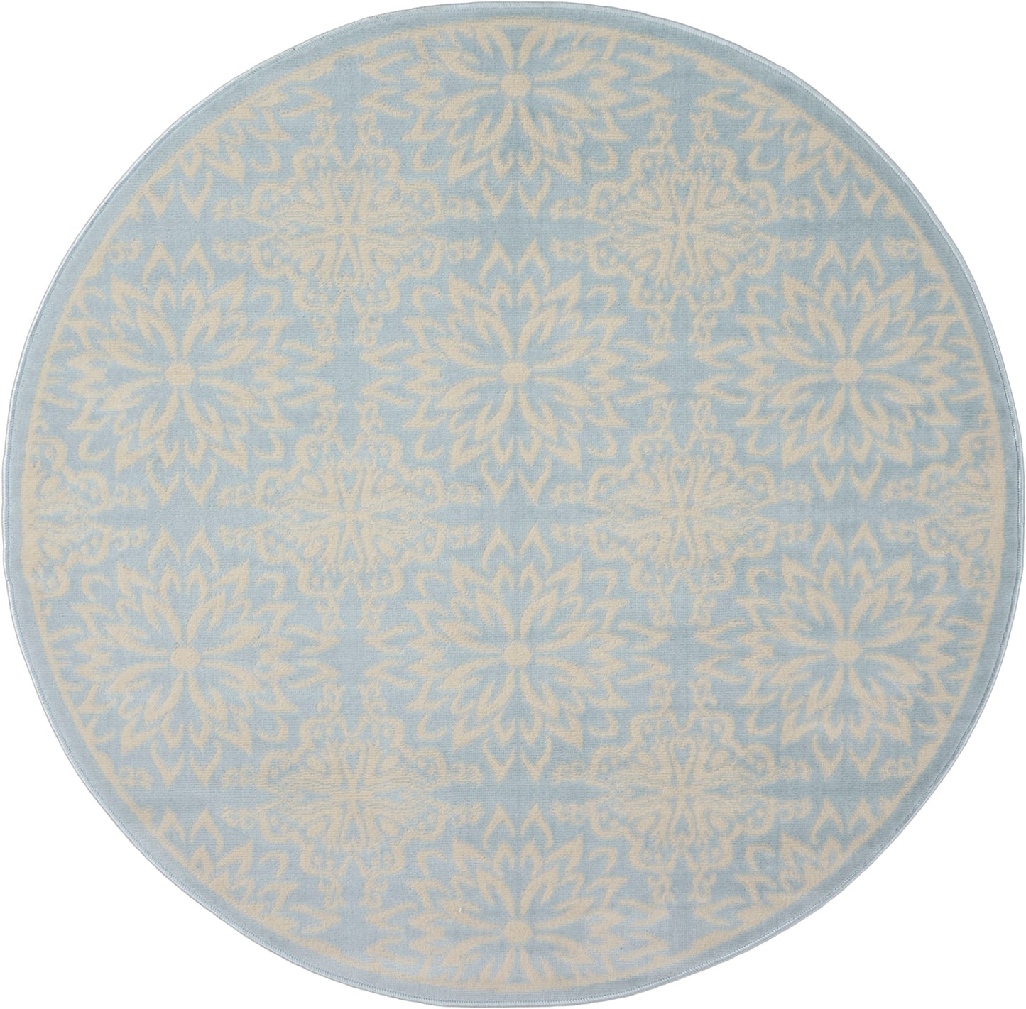 Round rug in pale blue with cream damask floral pattern; soft decorative accent for living room.