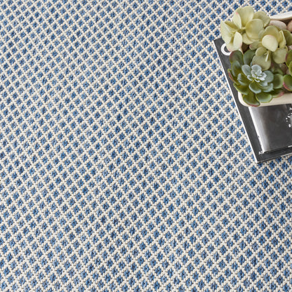 Blue and white diamond-patterned round woven rug; textured surface with a potted succulent and a book resting on the rug.