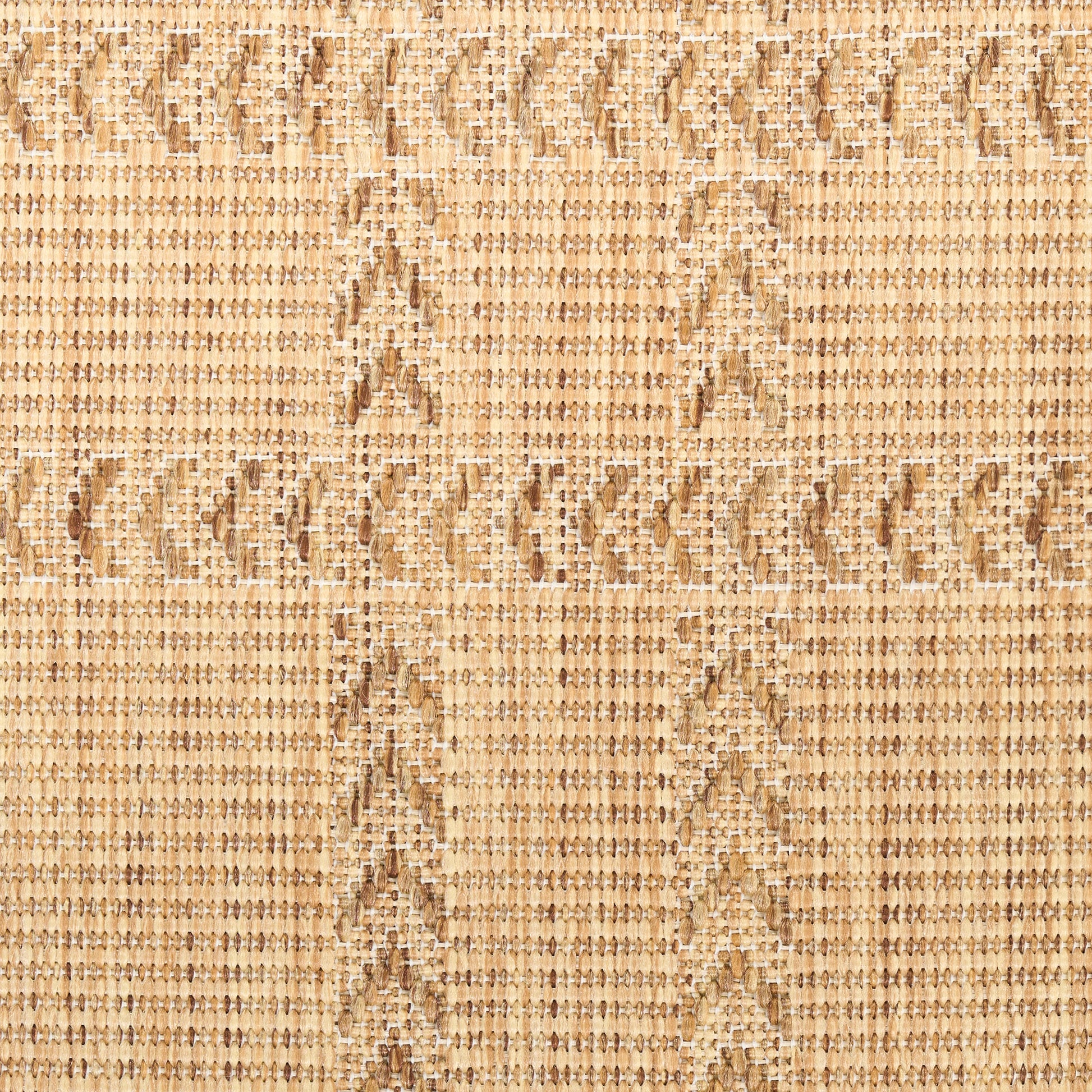 Beige woven textile with tan chevron and diamond geometric pattern, natural-fiber rug or upholstery fabric.