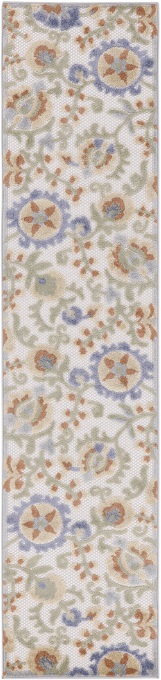 Woven pastel floral outdoor rug runner with cream background and blue, peach, and sage-green rosettes.