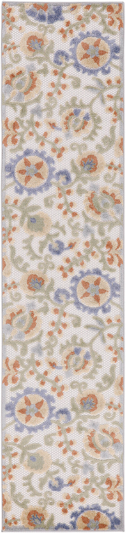 Woven pastel floral outdoor rug runner with cream background and blue, peach, and sage-green rosettes.