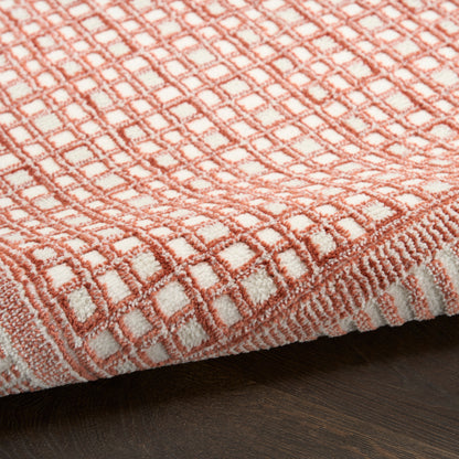 Coral pink & ivory grid-patterned runner rug with plush terry loops.