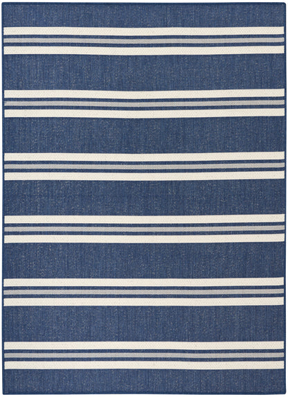 Blue denim rug featuring alternating white horizontal stripes of varying thickness.