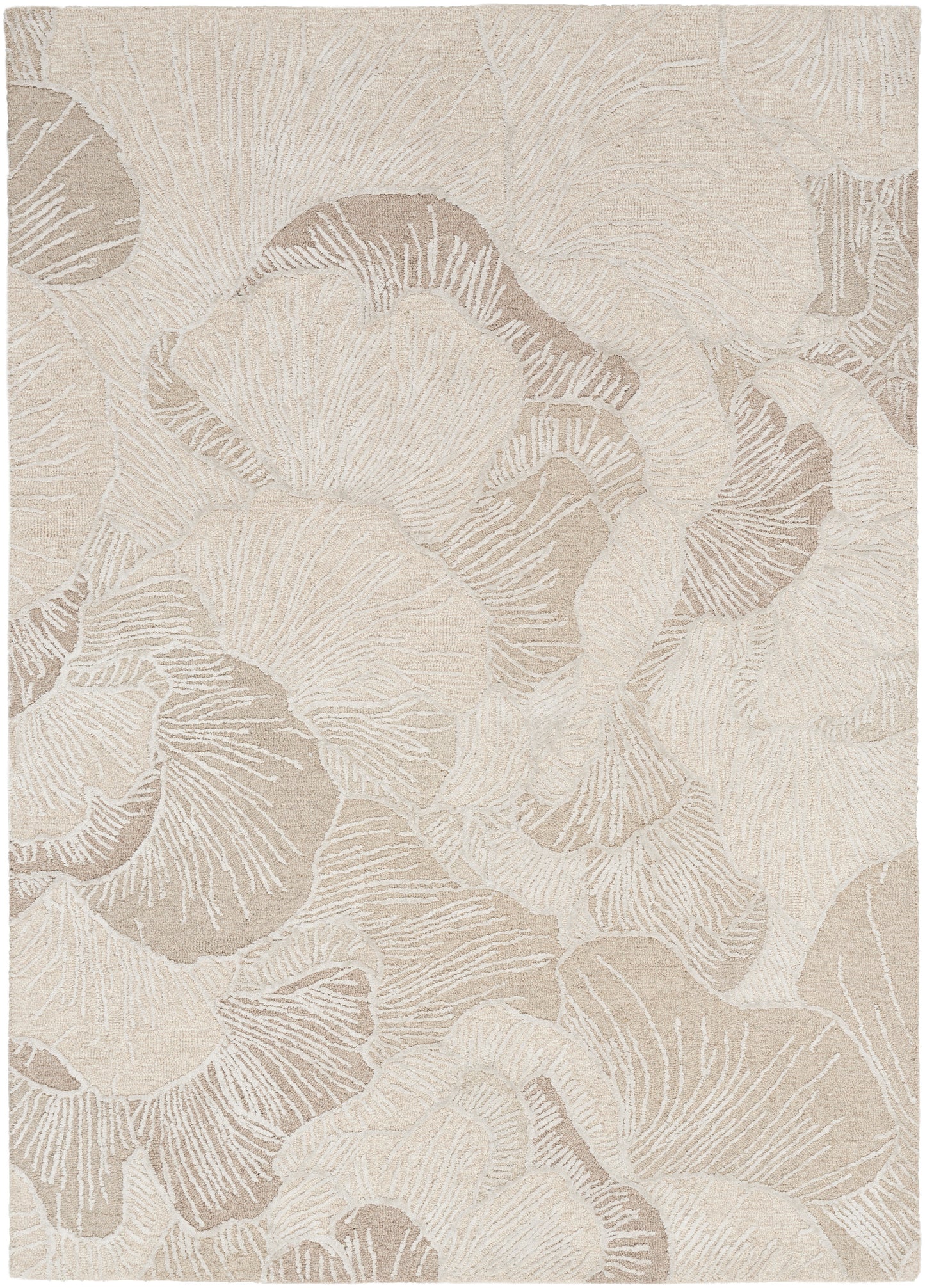Neutral beige area rug with oversized pale ginkgo leaf pattern and subtle woven texture