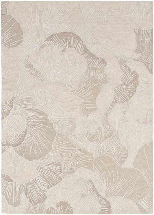 Neutral beige area rug with oversized pale ginkgo leaf pattern and subtle woven texture