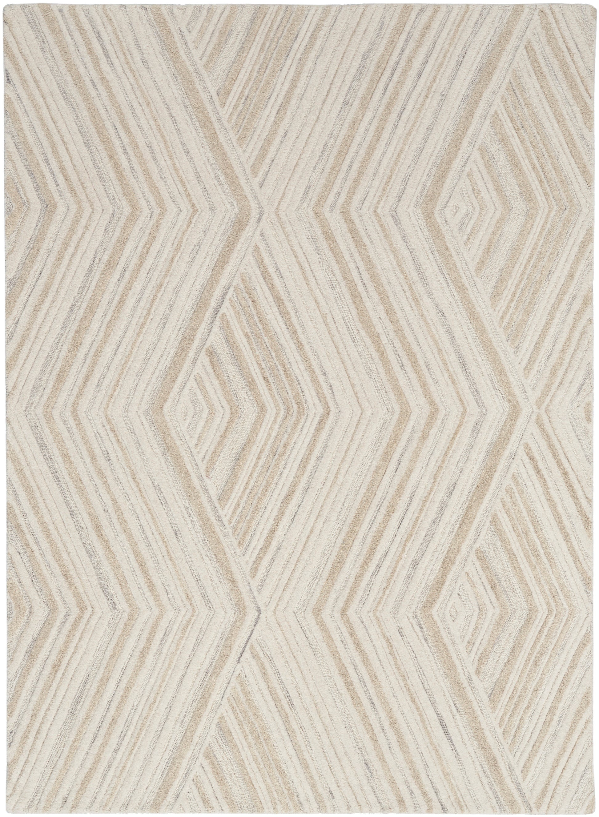 Rectangular beige cream rug with repeating diamond chevron geometric pattern and textured lines.