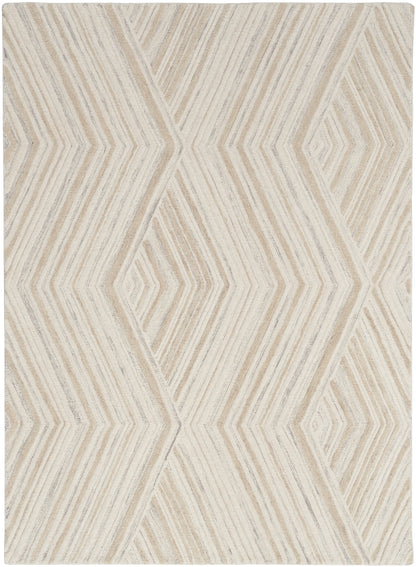 Rectangular beige cream rug with repeating diamond chevron geometric pattern and textured lines.