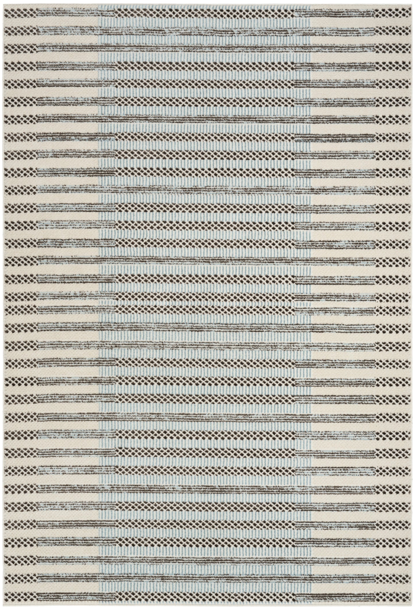 Cream flatweave area rug with blue and black striped geometric pattern; modern, versatile home decor.