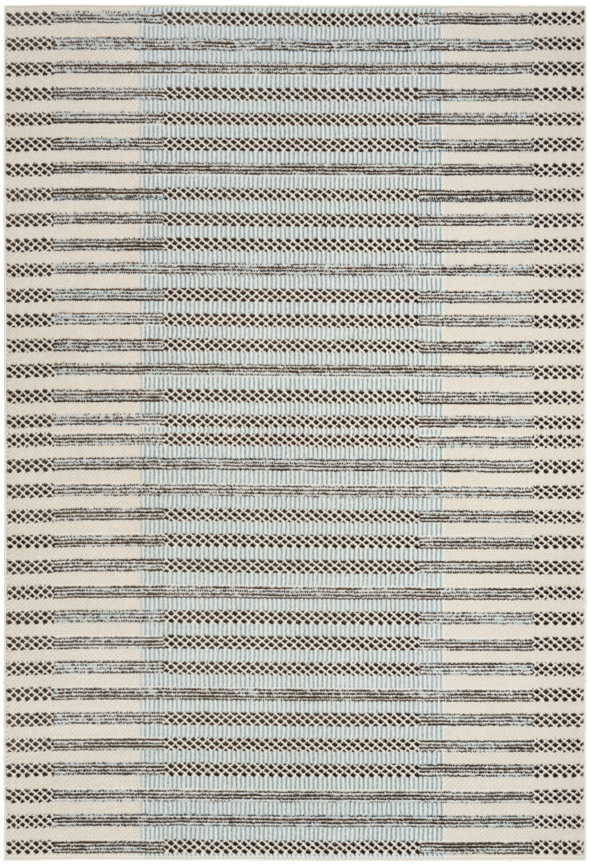 Cream flatweave area rug with blue and black striped geometric pattern; modern, versatile home decor.