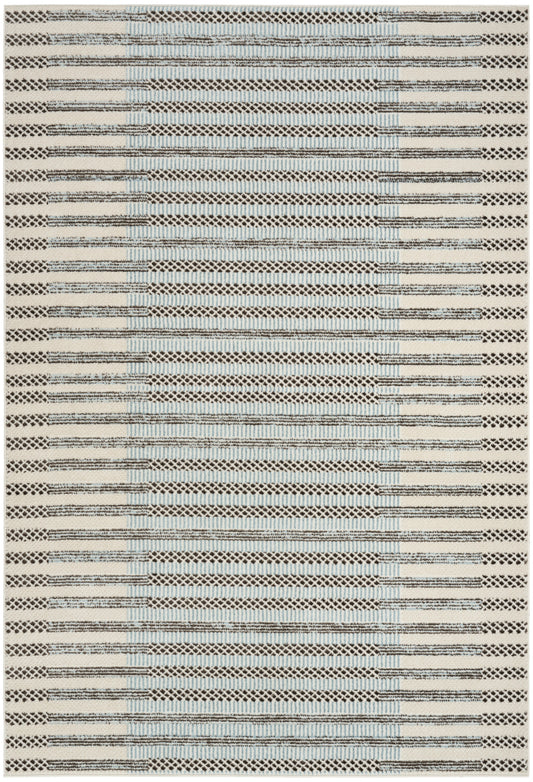 Cream flatweave area rug with blue and black striped geometric pattern; modern, versatile home decor.
