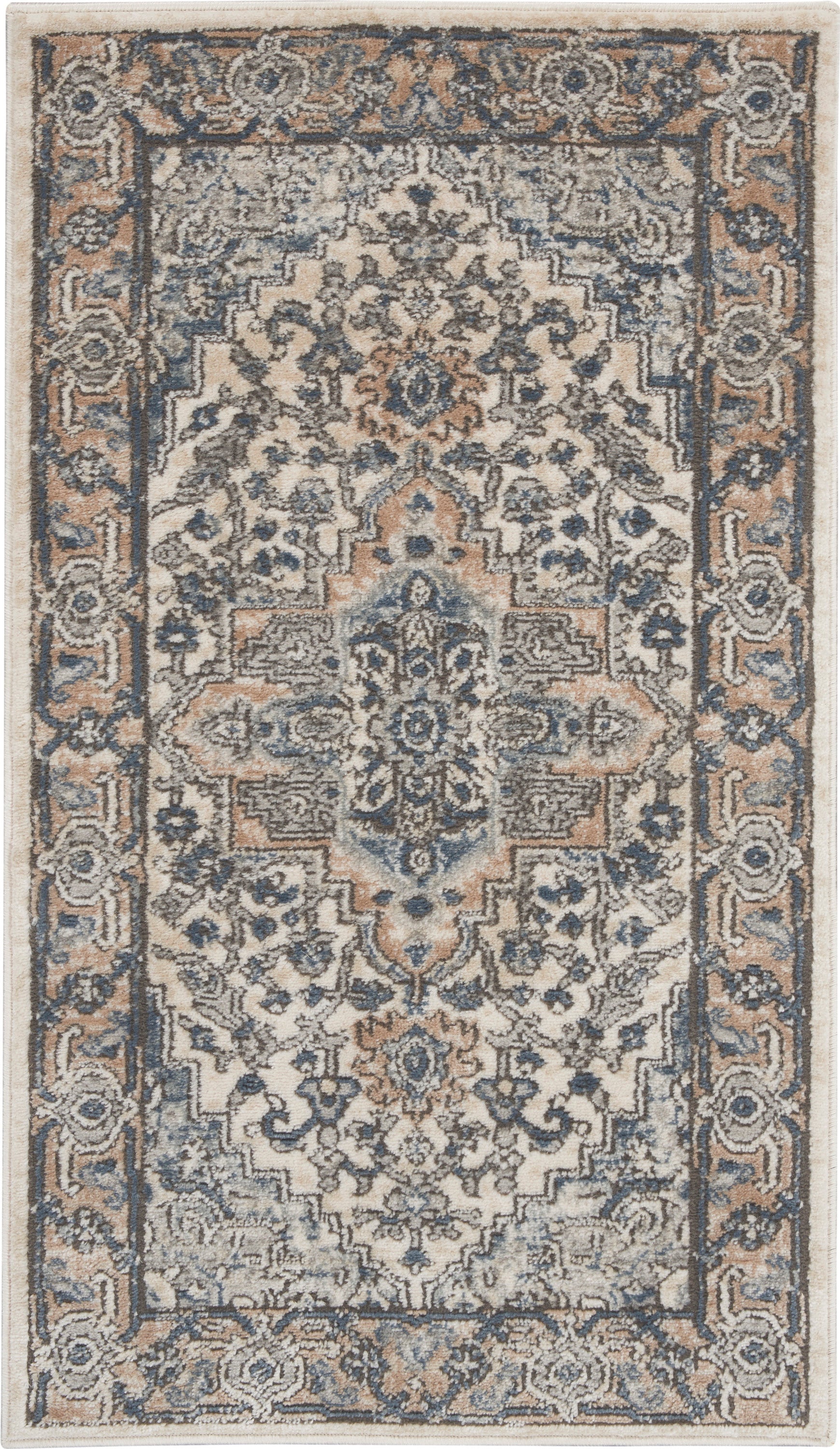 Rectangular Oriental rug with blue, ivory and beige tones, intricate central medallion, ornate border; vintage distressed finish.