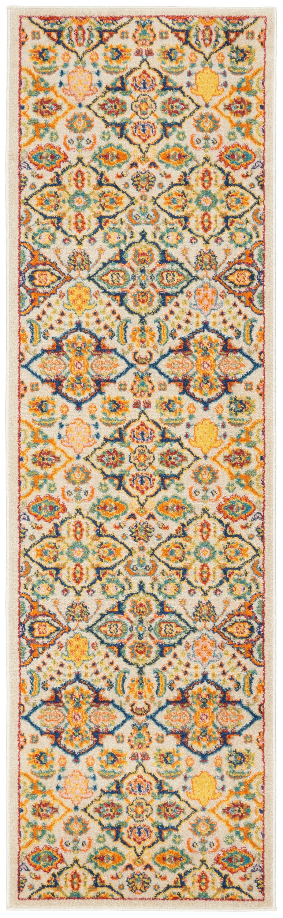 Cream hallway runner rug with ornate multicolor Persian-inspired medallion motif in orange, teal, blue, yellow.