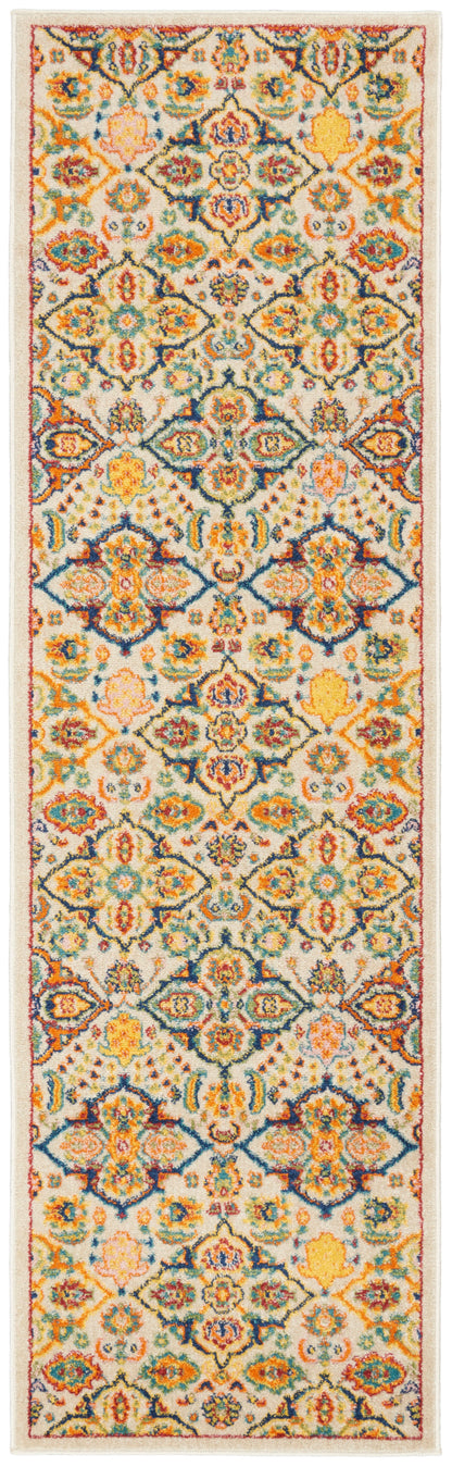 Cream hallway runner rug with ornate multicolor Persian-inspired medallion motif in orange, teal, blue, yellow.