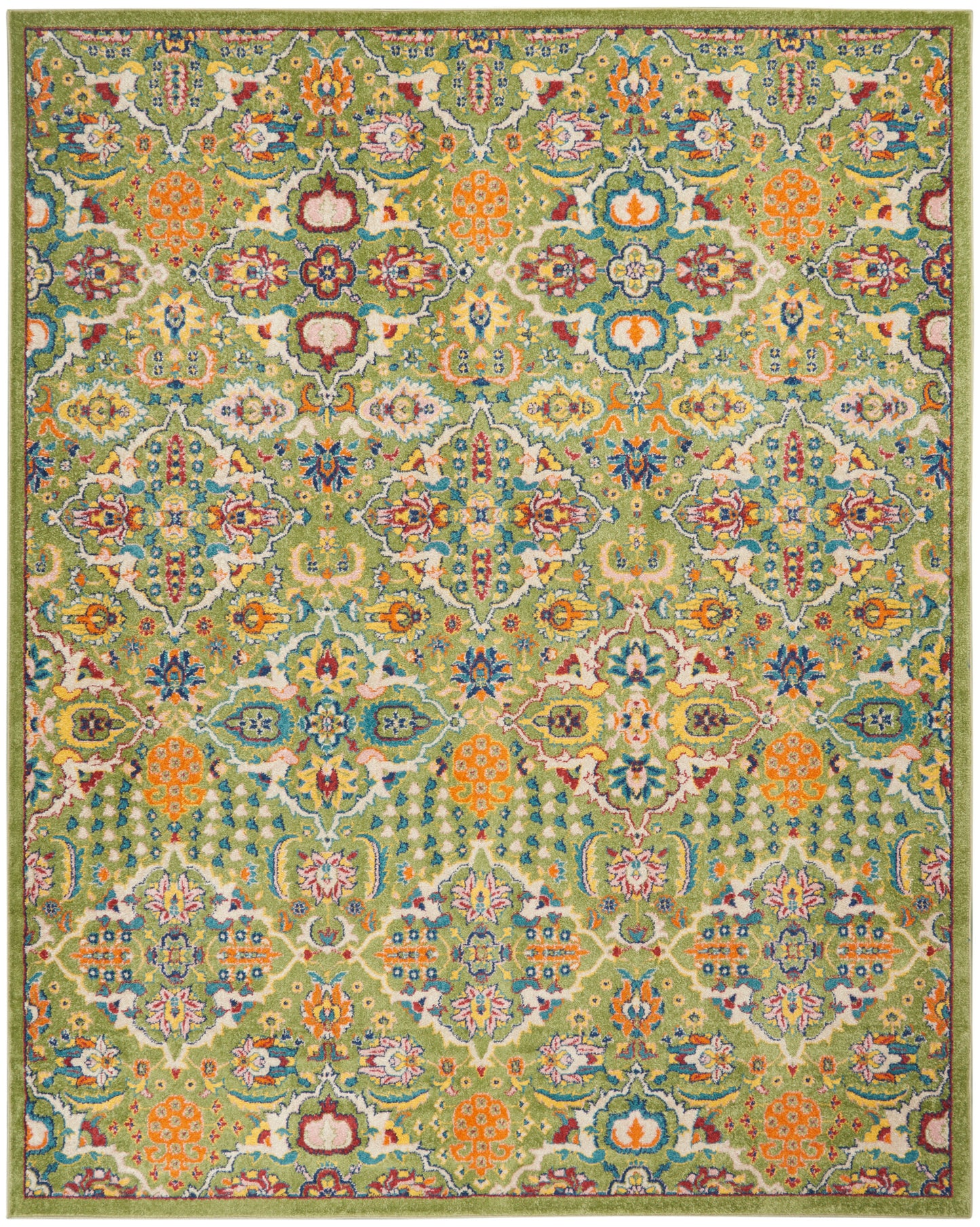 Rectangular oriental-style area rug with a green-yellow base and vibrant floral motifs in blue, orange, and pink.