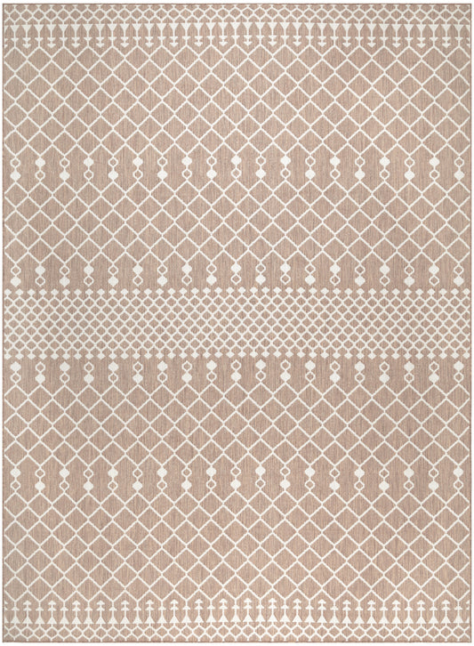 Beige rug with white geometric lattice diamonds and dotted borders for a modern, decorative look.