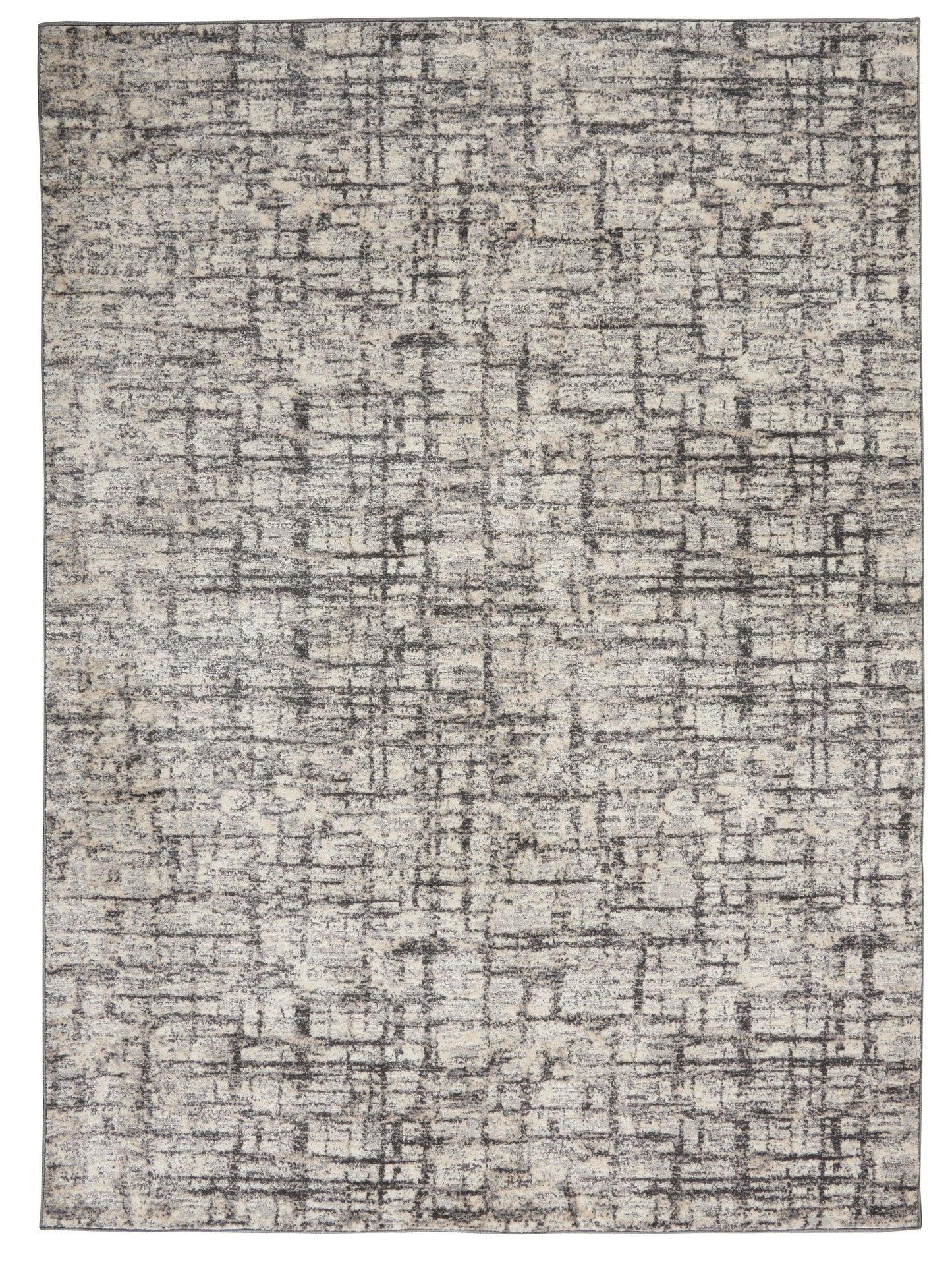 Rectangular beige-gray distressed rug with abstract grid pattern, soft woven texture, modern rustic style.