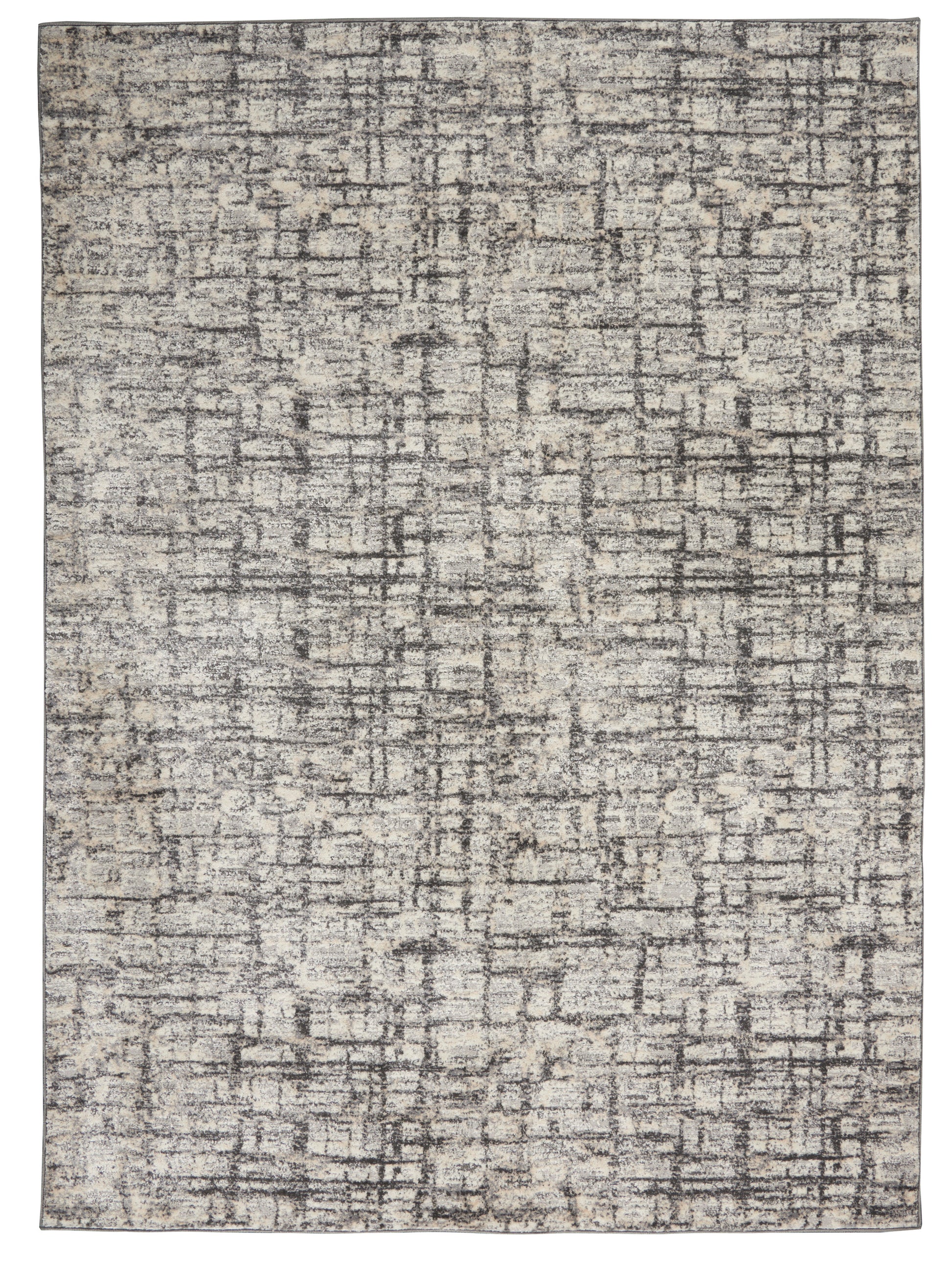 Rectangular beige-gray distressed rug with abstract grid pattern, soft woven texture, modern rustic style.