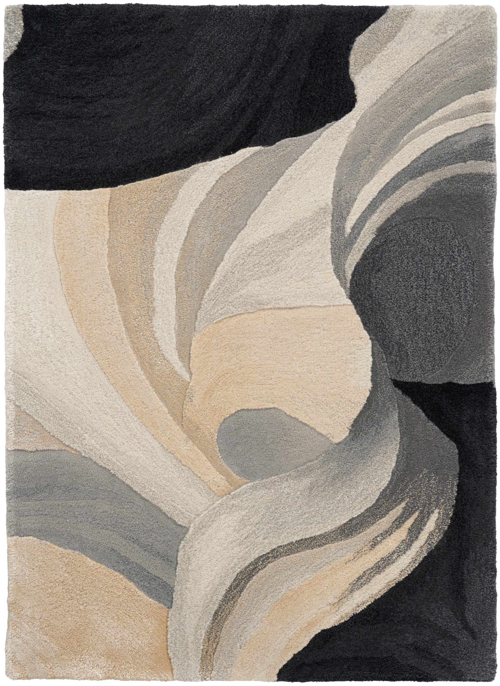 Abstract area rug with cream, beige, gray and black swirls; plush pile, modern curved pattern.