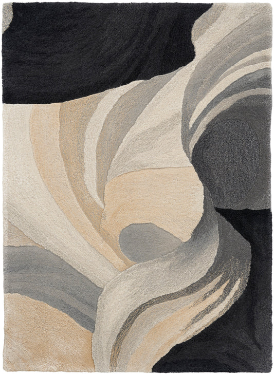 Abstract area rug with cream, beige, gray and black swirls; plush pile, modern curved pattern.