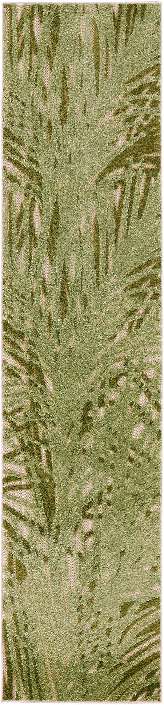 Rectangular outdoor runner rug with abstract green palm-leaf pattern on beige background.