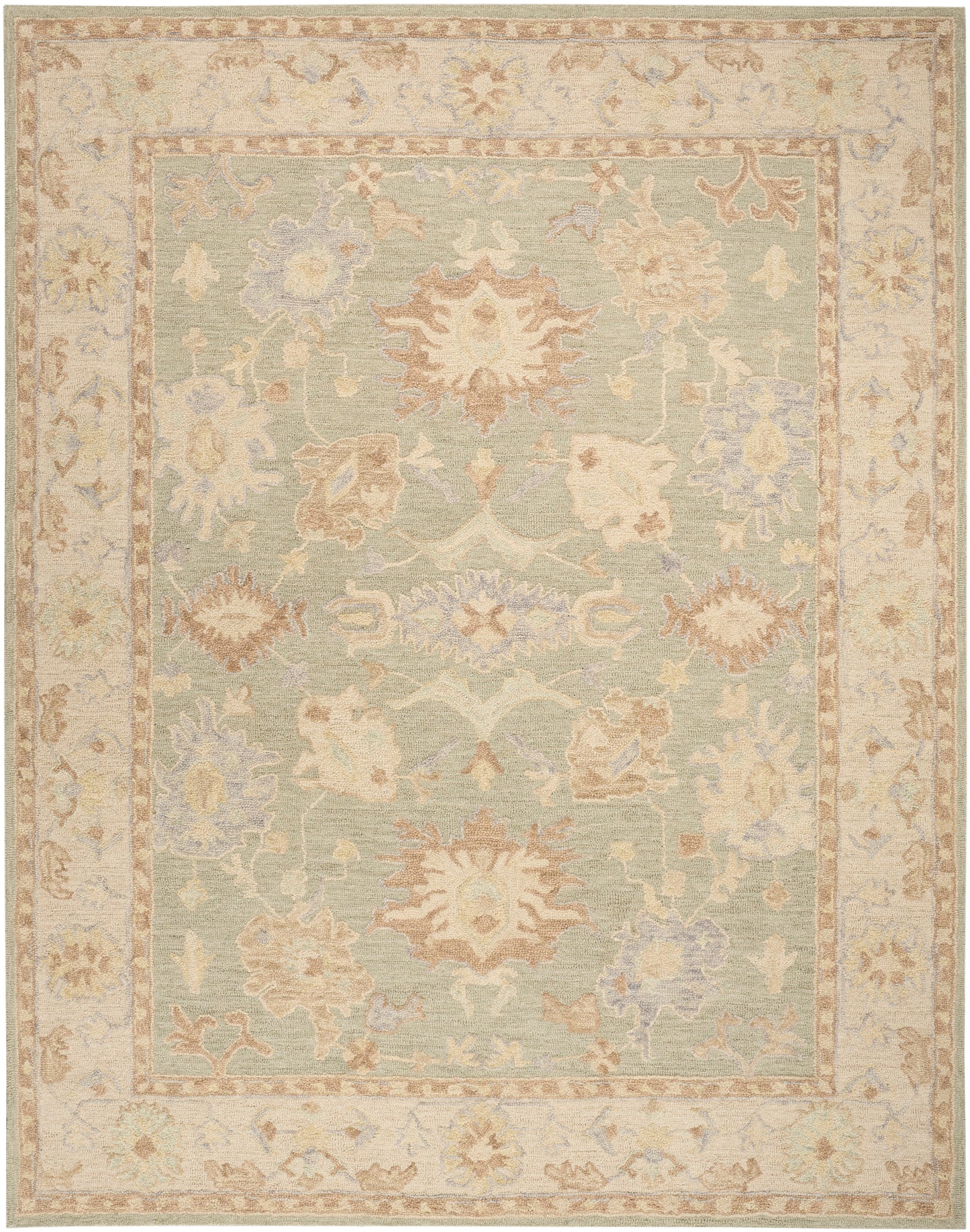 Pastel oriental area rug with sage green center, ivory border and peach-blue floral medallions; traditional motif.