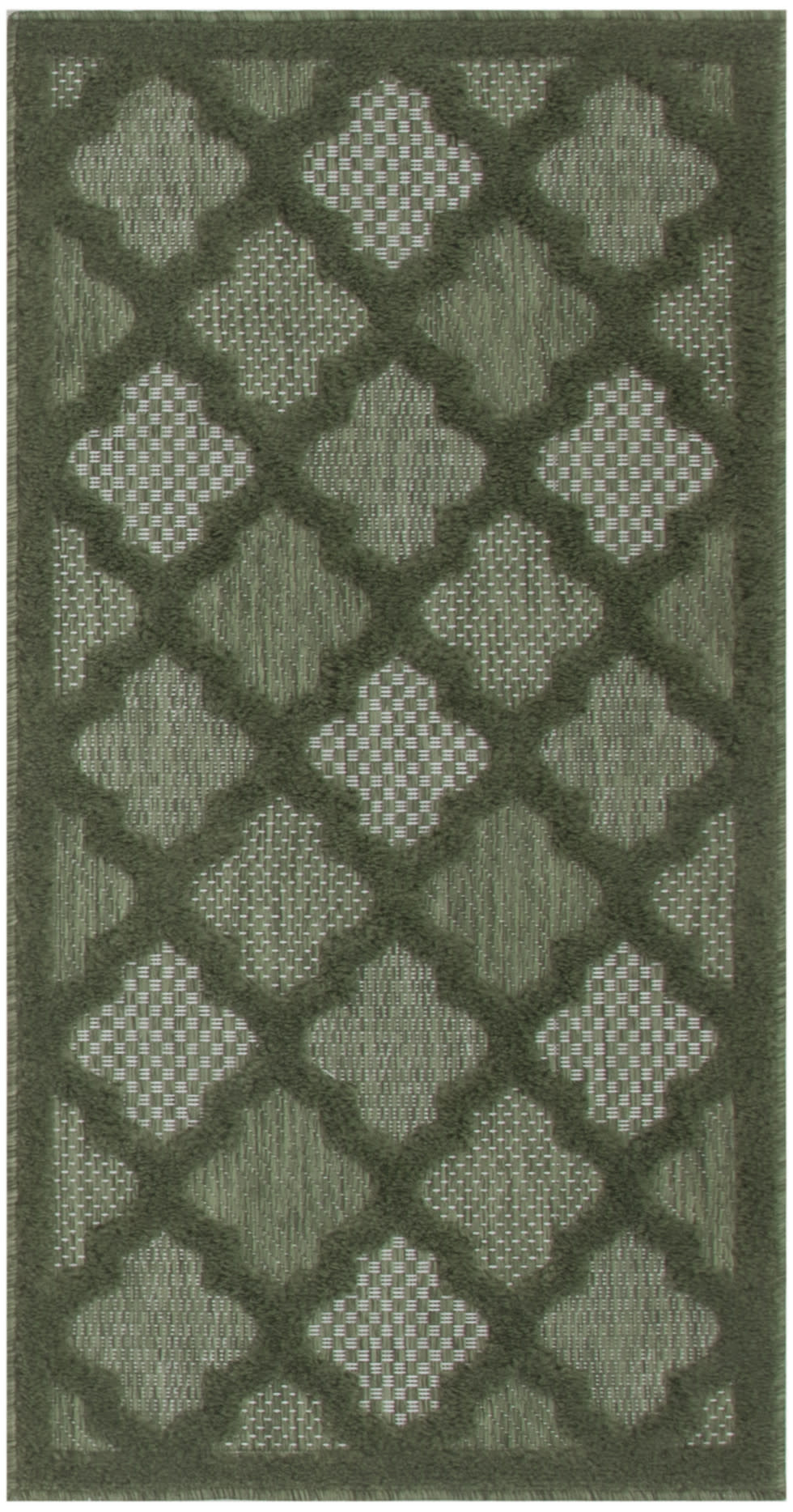 Olive green area rug with a dark lattice quatrefoil pattern and textured woven panels.