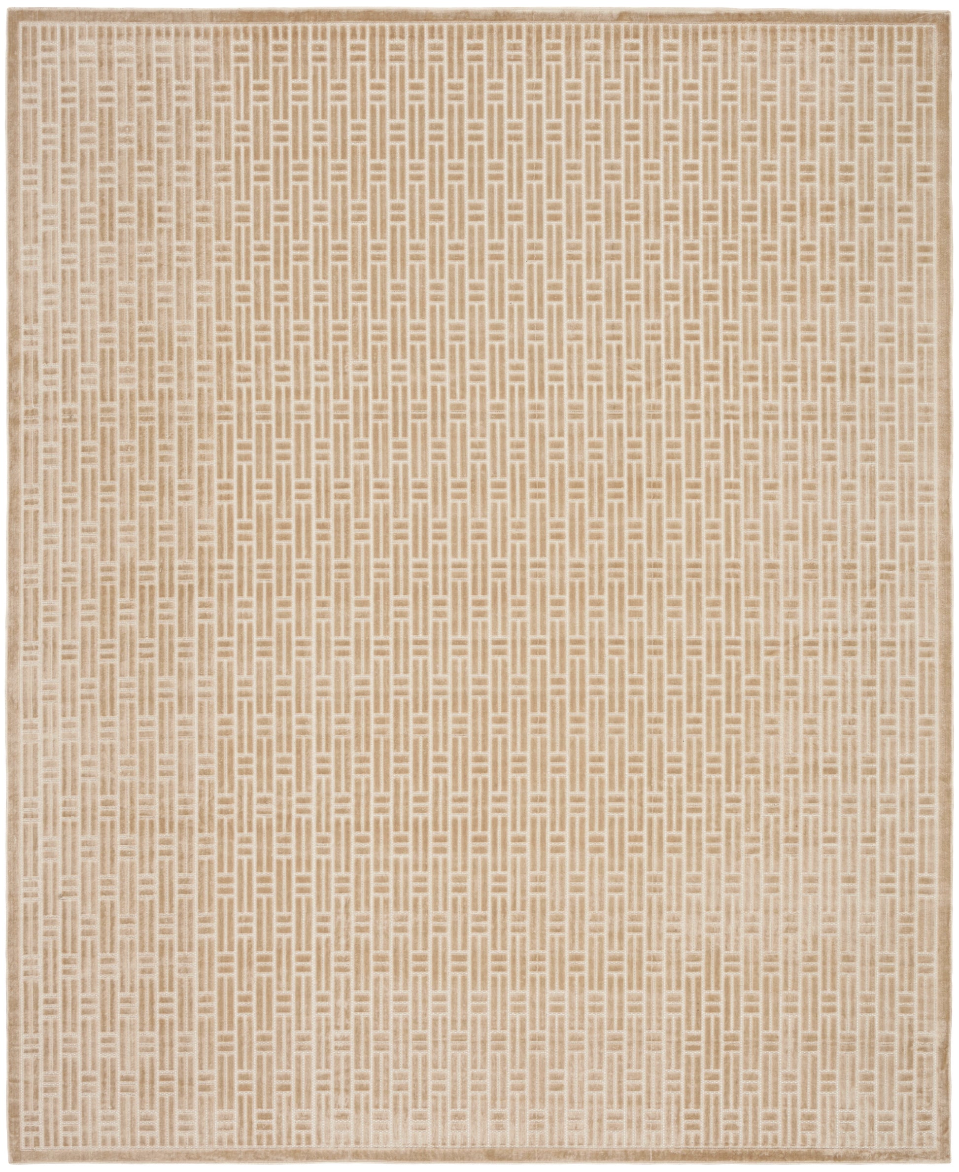 Beige woven rug with a repeating geometric basket-weave pattern and pale border.