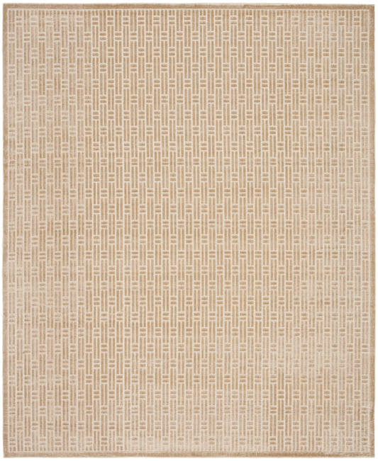 Beige woven rug with a repeating geometric basket-weave pattern and pale border.