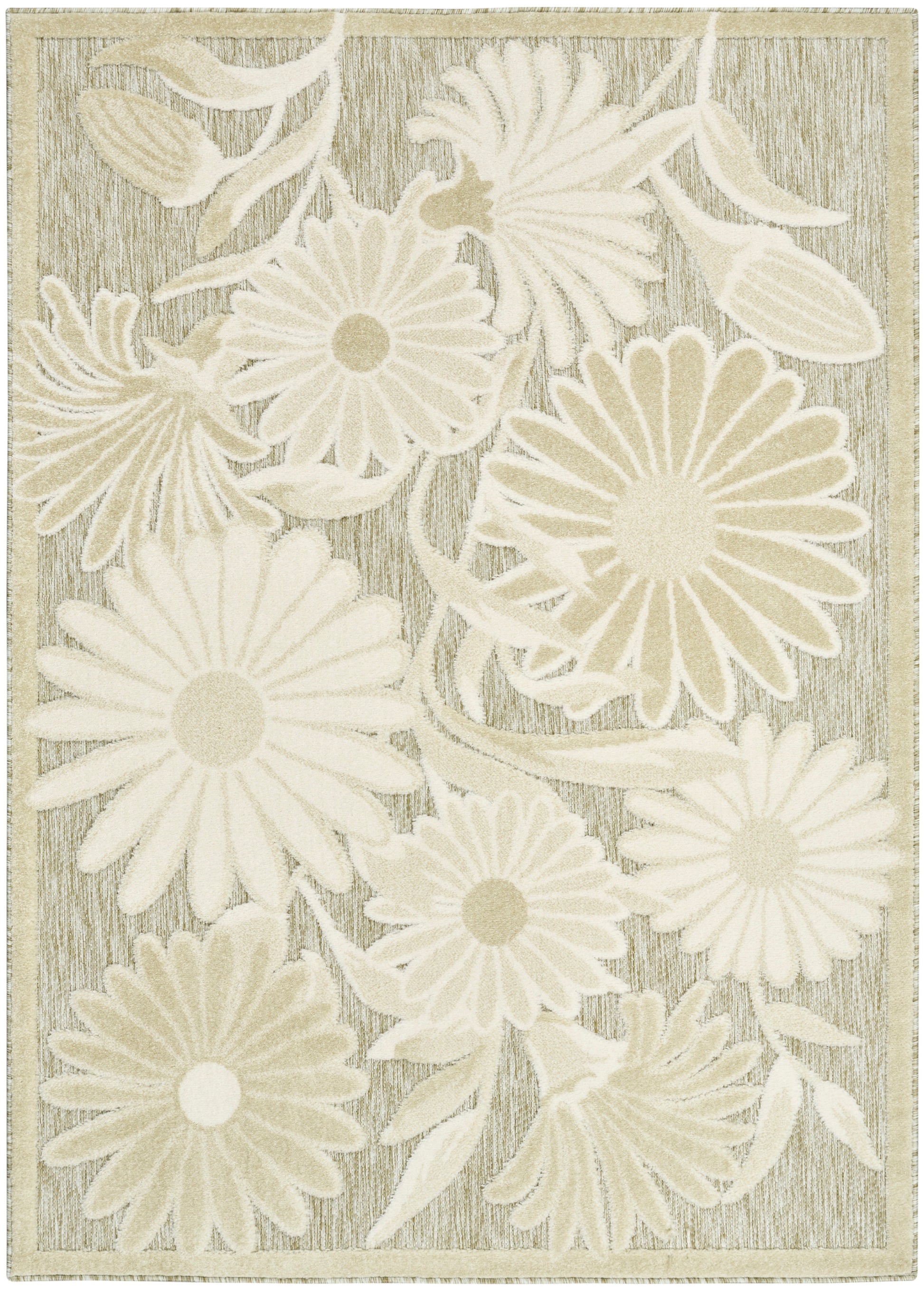 Cream and beige floral area rug with oversized daisy motifs and leafy texture; woven, rectangular.