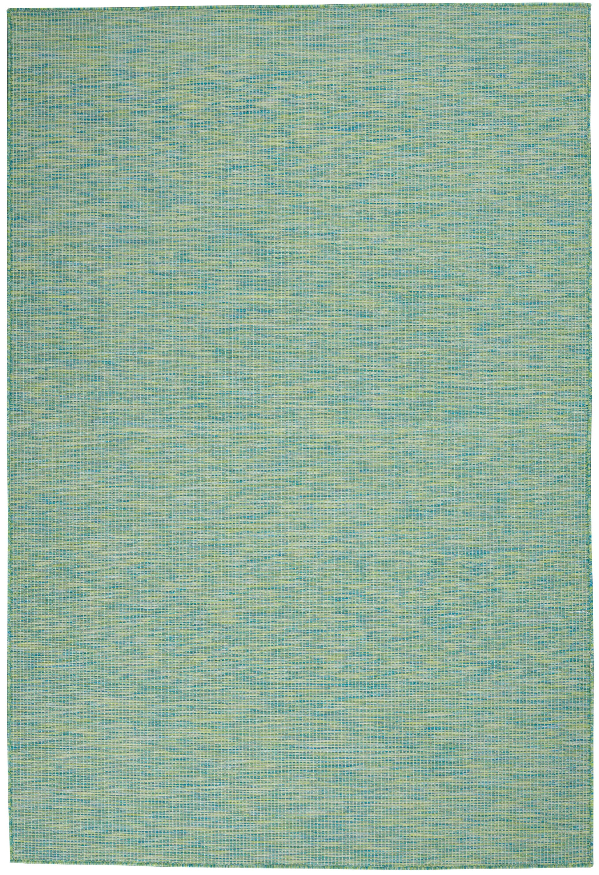 Turquoise-blue flat-weave area rug with subtle lime-green and blue tonal variations.