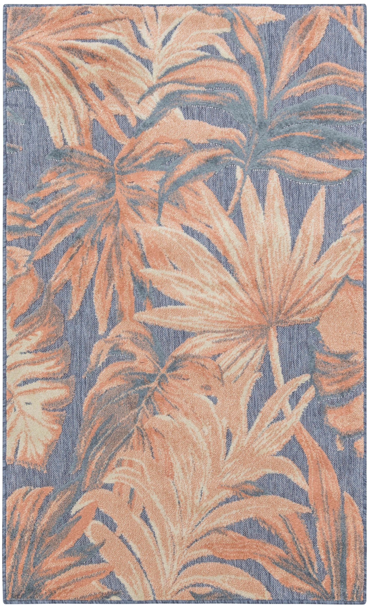 Rectangular blue rug with orange-peach tropical palm leaves, textured woven pile, indoor living decor.