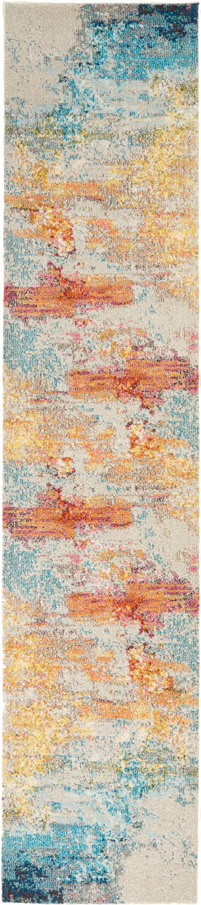 Rectangular runner rug with an abstract watercolor pattern in blues, teals, yellows and oranges.