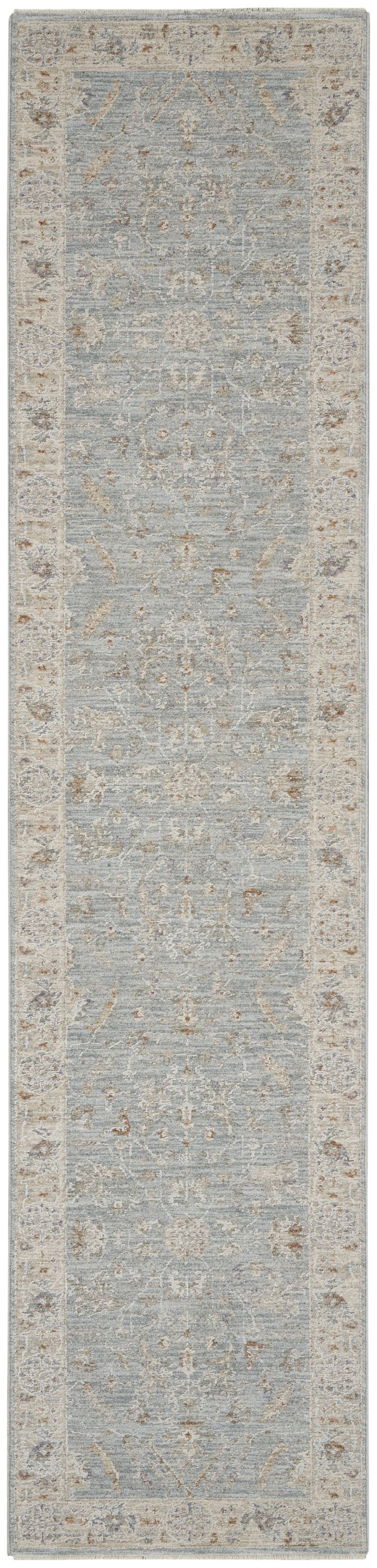 Blue-gray runner rug with beige antique floral border and central medallion motifs; traditional oriental style for hallways.