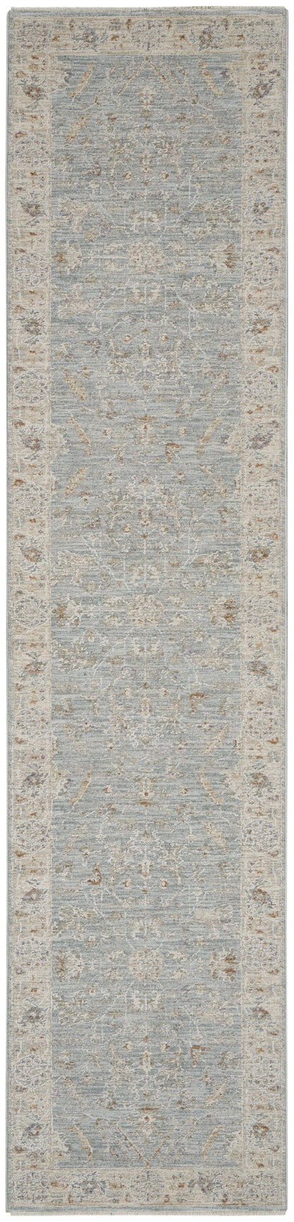 Blue-gray runner rug with beige antique floral border and central medallion motifs; traditional oriental style for hallways.