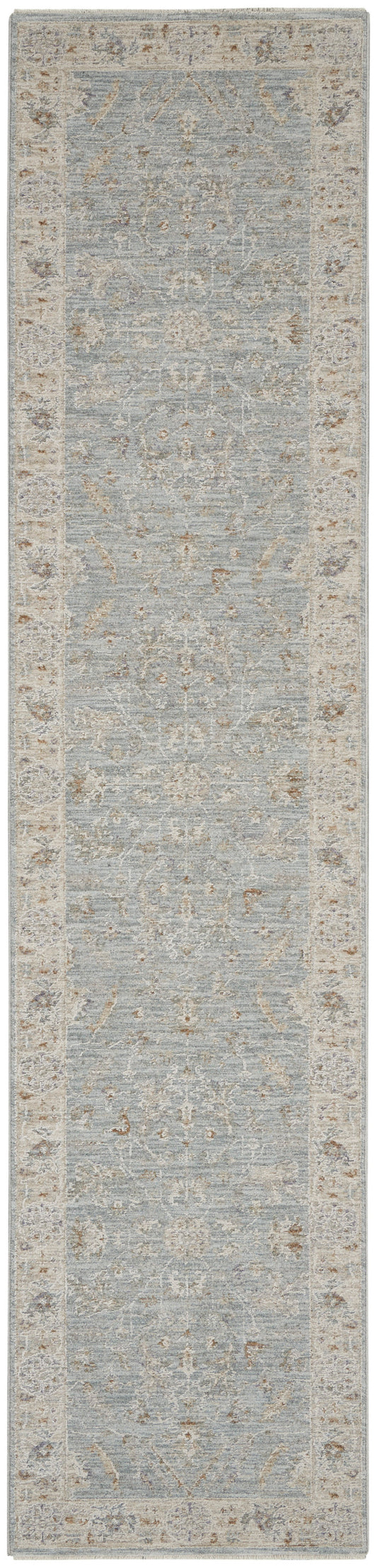 Blue-gray runner rug with beige antique floral border and central medallion motifs; traditional oriental style for hallways.