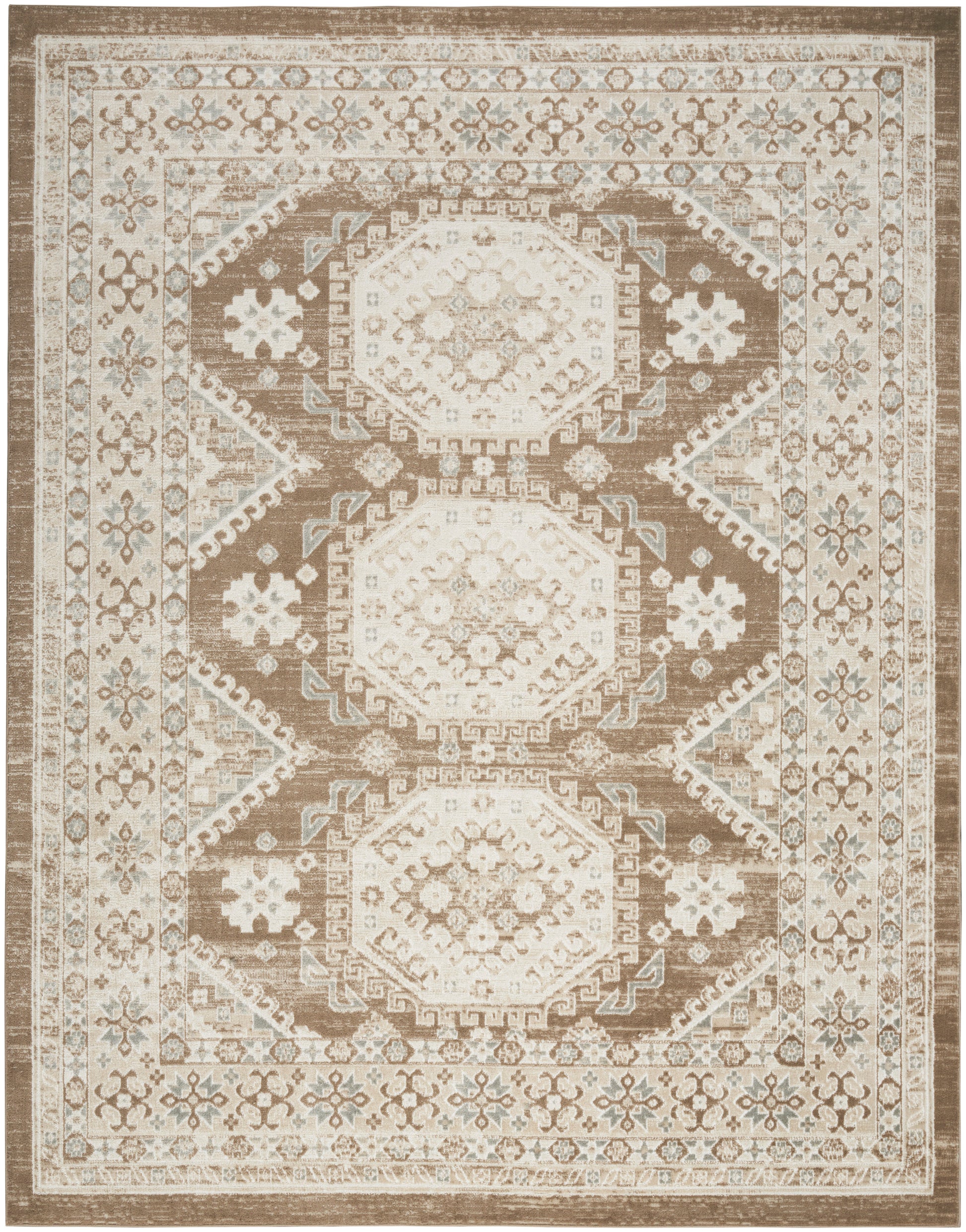 Distressed beige-brown oriental rug with three central hexagon medallions, bordered by floral patterns and pale blue accents.