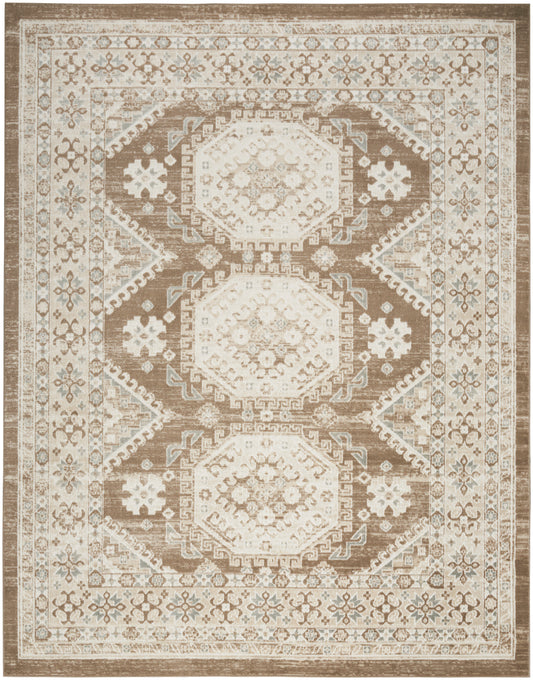 Distressed beige-brown oriental rug with three central hexagon medallions, bordered by floral patterns and pale blue accents.