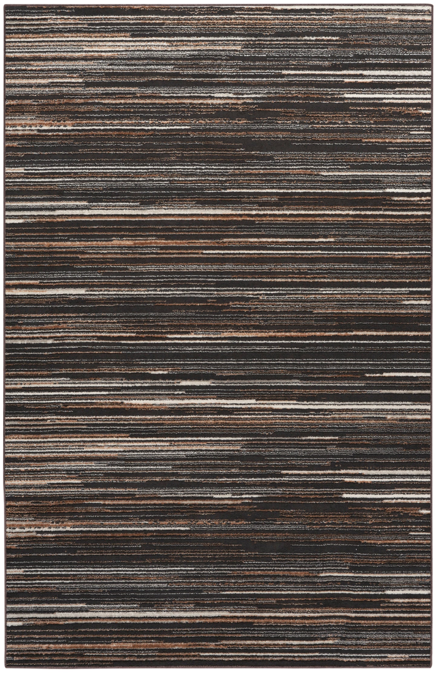 Rectangular rug with irregular horizontal stripes in dark browns, grays and blacks; contemporary earthy area rug.