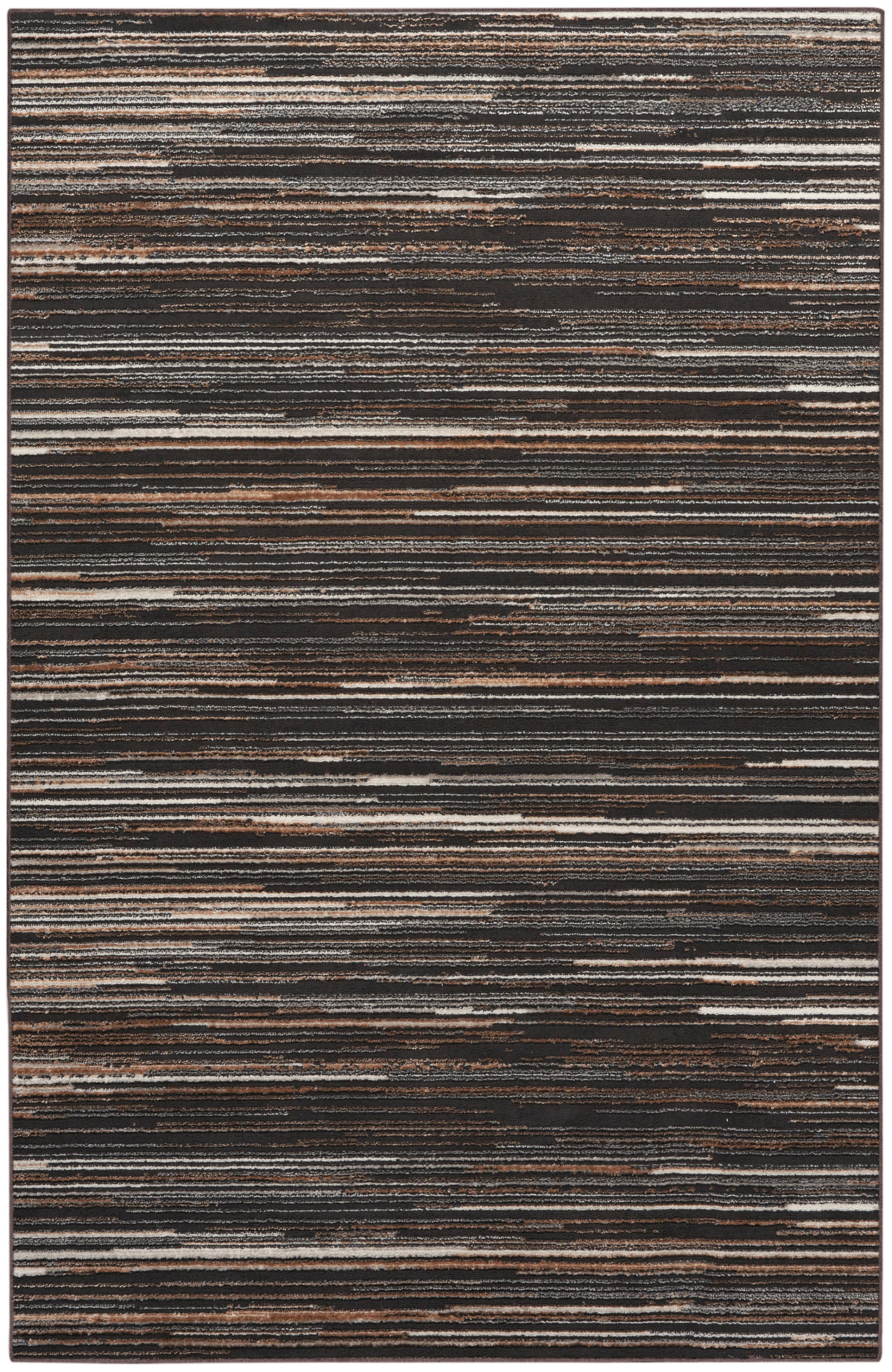 Rectangular rug with irregular horizontal stripes in dark browns, grays and blacks; contemporary earthy area rug.