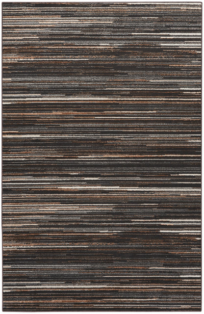 Rectangular rug with irregular horizontal stripes in dark browns, grays and blacks; contemporary earthy area rug.