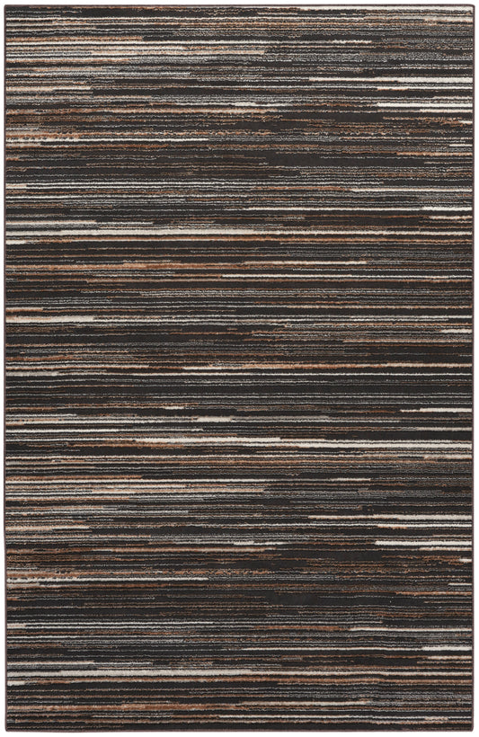Rectangular rug with irregular horizontal stripes in dark browns, grays and blacks; contemporary earthy area rug.