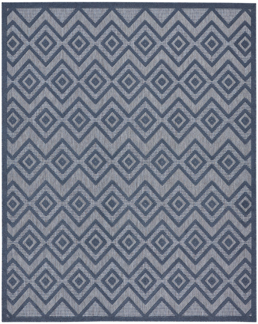 Blue-gray area rug with interlocking diamond and chevron geometric pattern; woven texture, rectangular modern living-room rug.