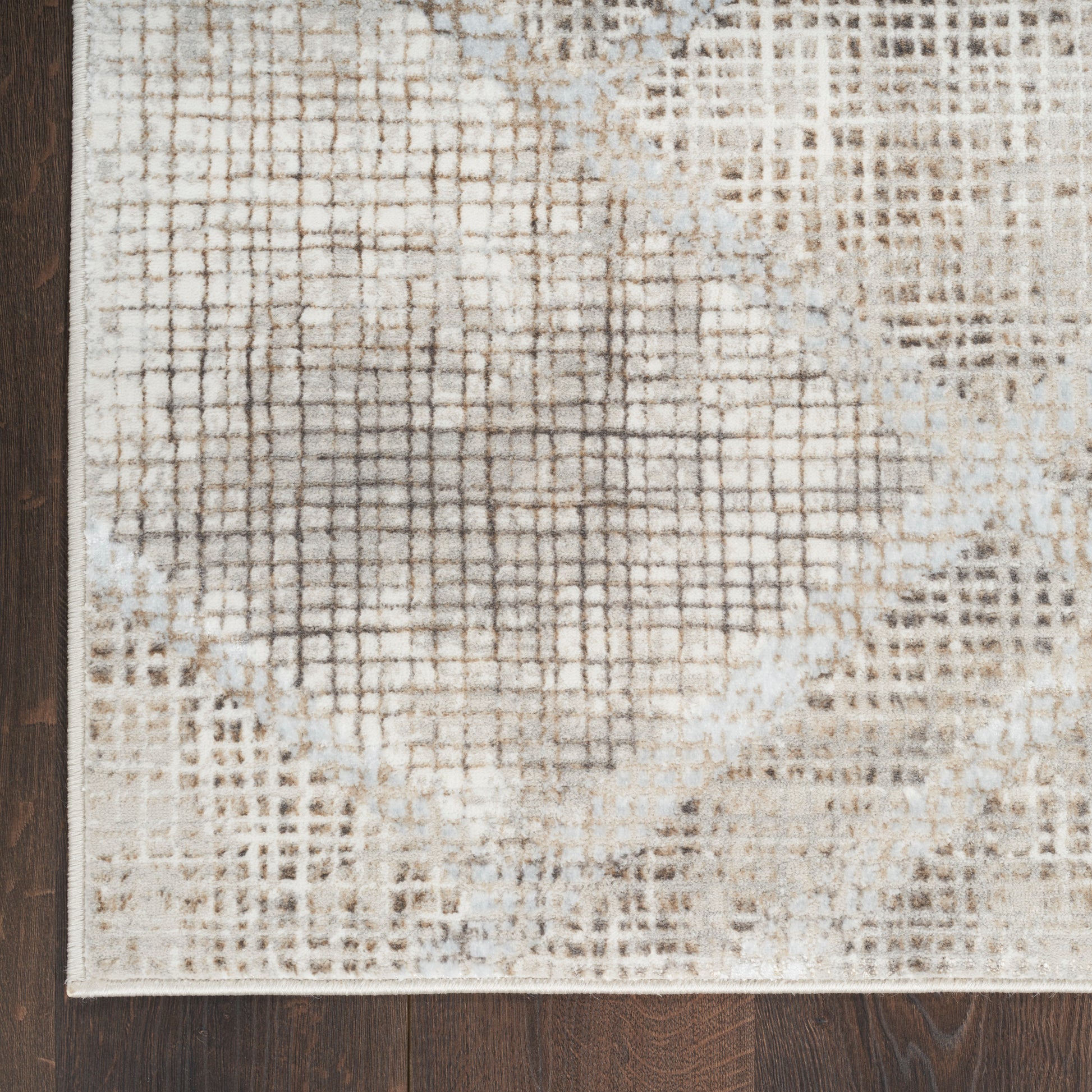 Beige abstract area rug with cream and taupe grid pattern and soft circular motifs on dark wood floor.