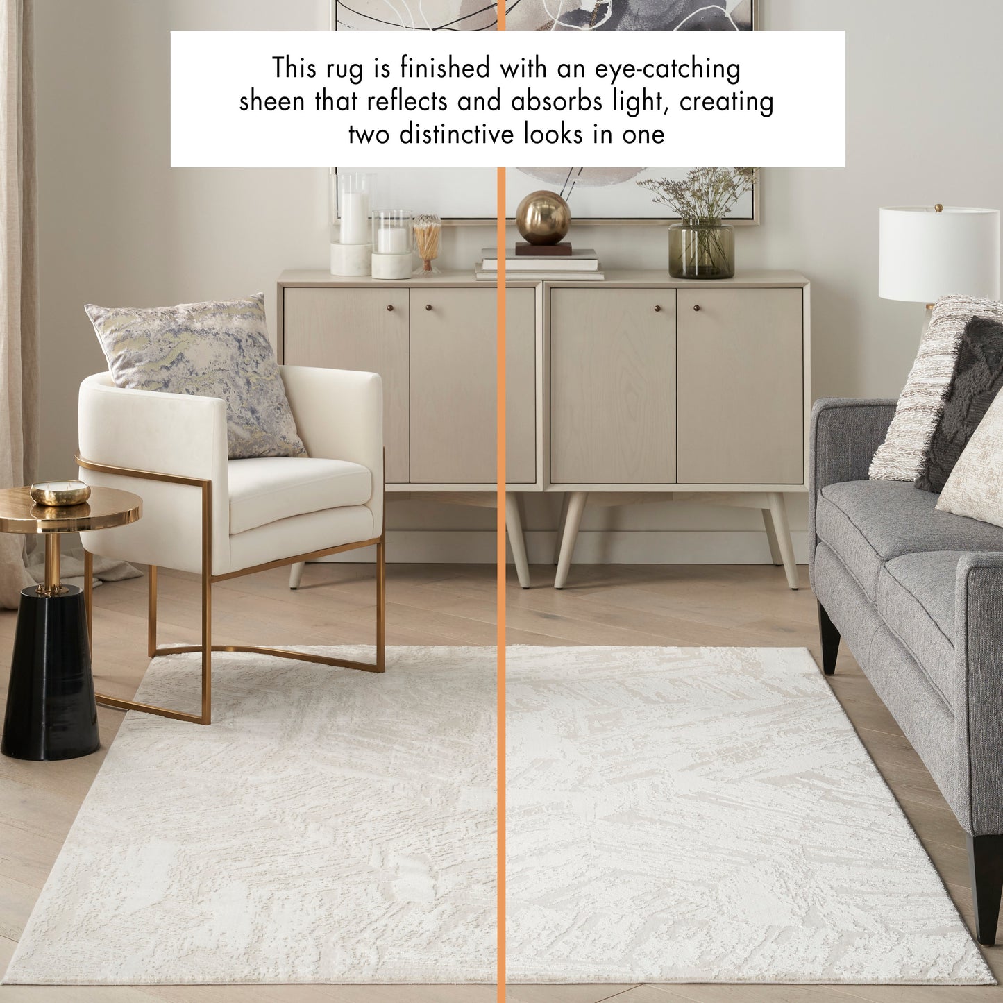 Cream abstract-pattern rug with subtle sheen; modern living room with white armchair, gray sofa, and gold accents.