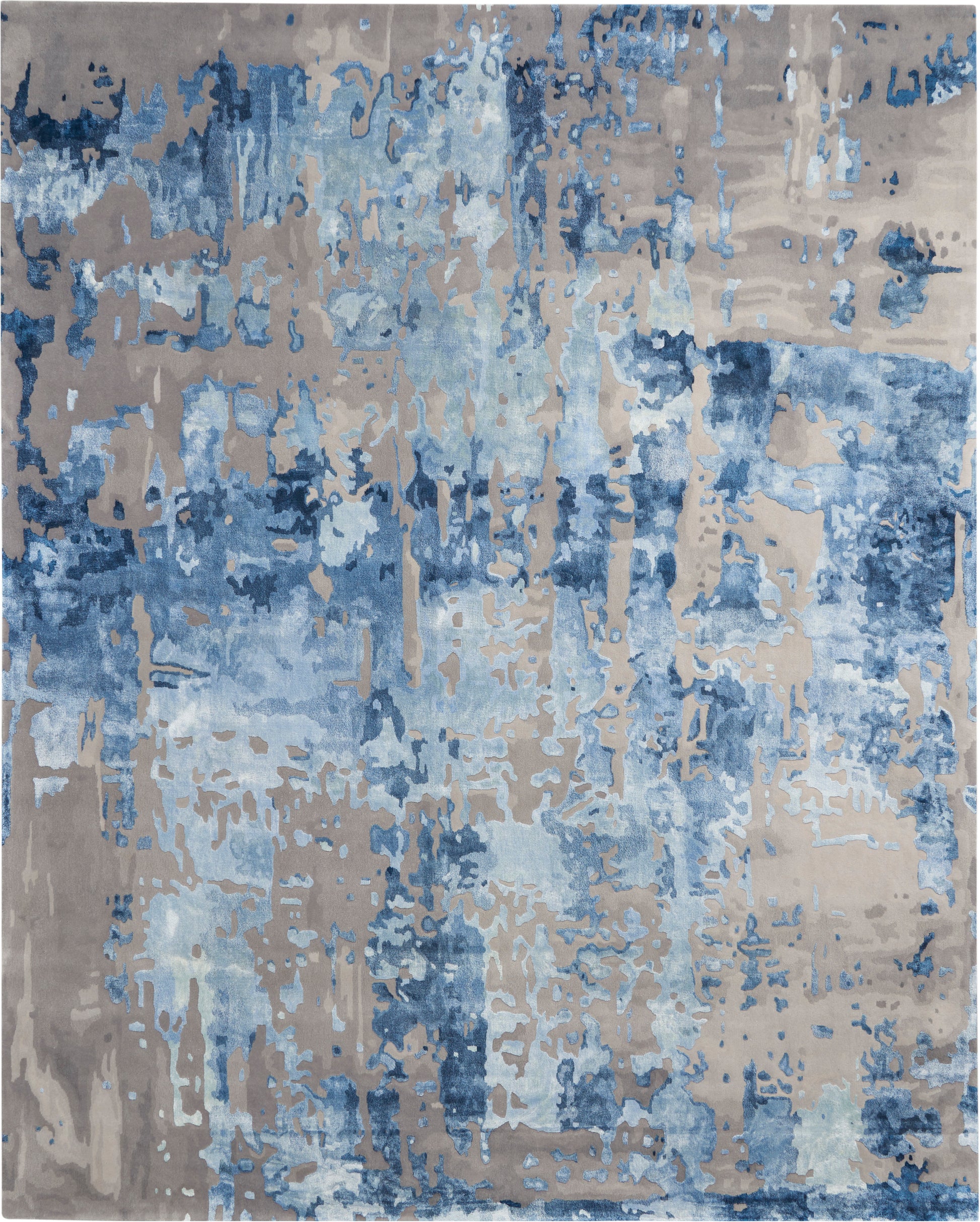 Rectangular abstract rug with blue and beige taupe hues and painterly pattern for modern living spaces.