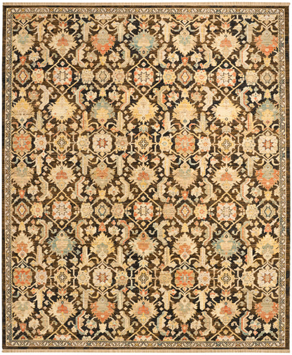 Traditional oriental rug with a black field and cream, beige, orange and pale blue floral medallion pattern; bordered.