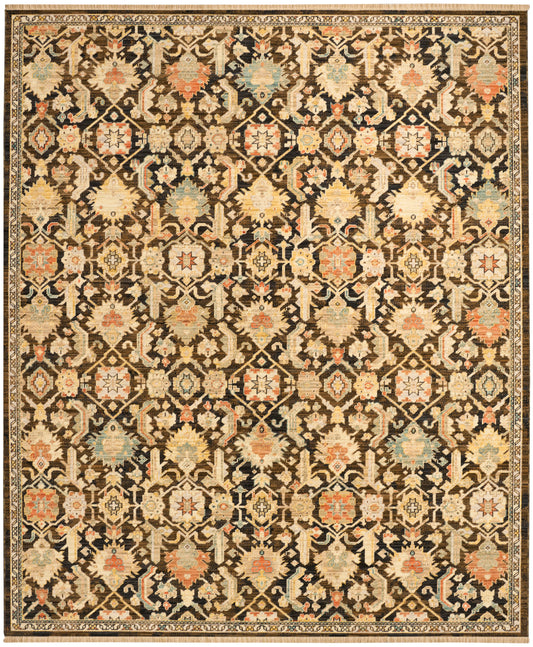 Traditional oriental rug with a black field and cream, beige, orange and pale blue floral medallion pattern; bordered.