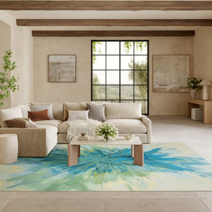 Beige sectional sofa with neutral pillows, wooden coffee table, and a blue-green abstract rug under a grid-window wall.