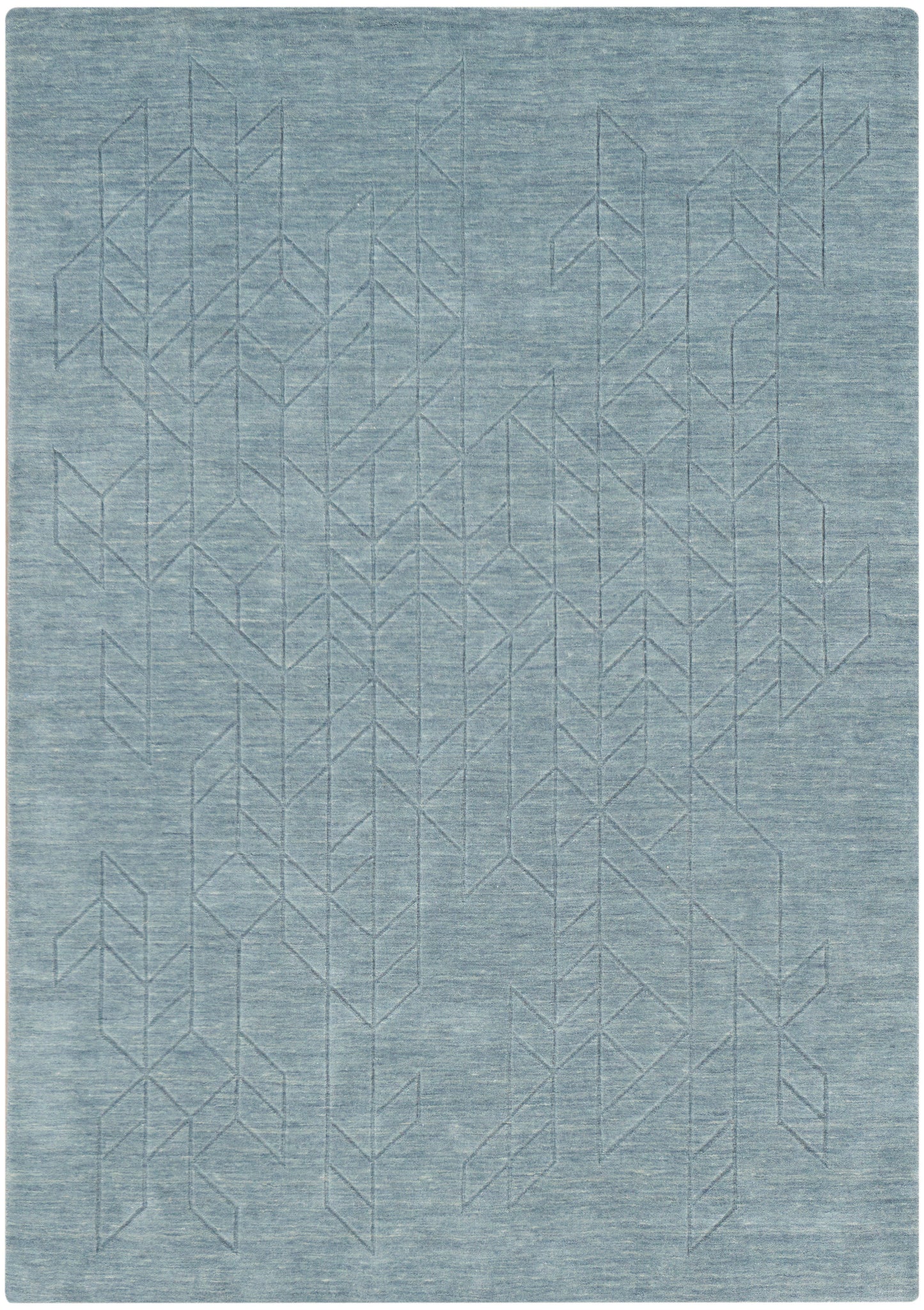 Soft blue area rug with subtle white geometric chevron pattern and textured weave for a modern decor look.