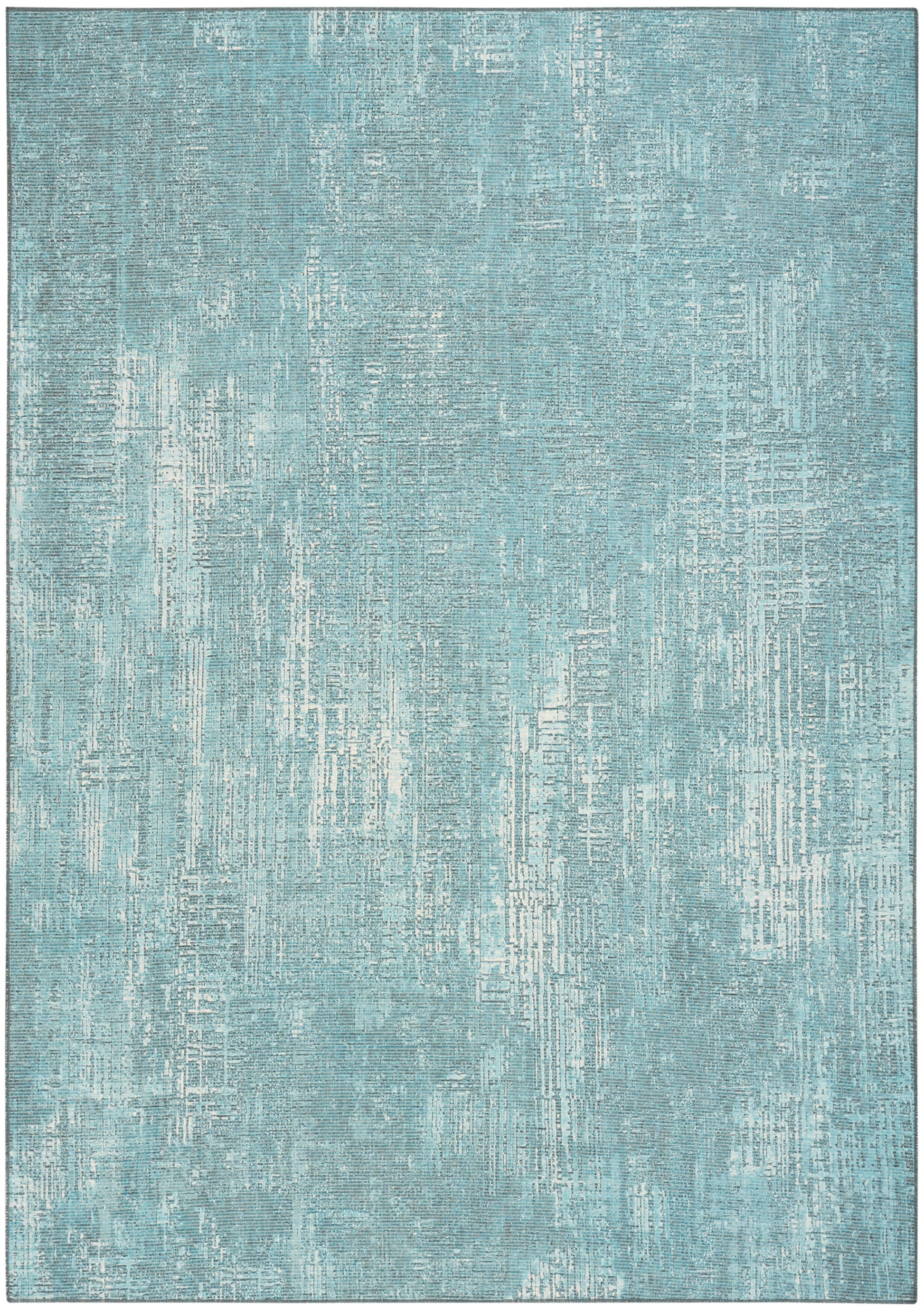 Rectangular teal rug with distressed light-blue brushstroke pattern; modern, textured look for living room or bedroom.